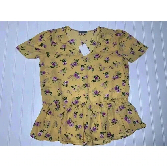 Pleione Tops - Pleione Floral Ruffle Trim Bottom Top Blouse V Neck SMALL NEW 1085